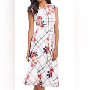 Joules Cream Midi Dress with Red Floral Plaid 100% Cotton